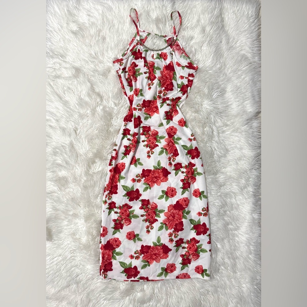 White Floral Halter Midi Dress with Red Rose Print
